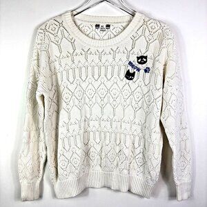 A02 Womens Cat Sweater L White Kitty Meow Kidcore Grandma Cottage Graphic Sheer